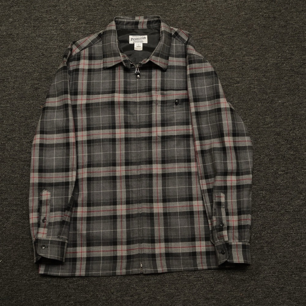 Vintage 1990s Pendleton Plaid Zip Up Rider Shirt 100% Virgin Wool Flannel Large